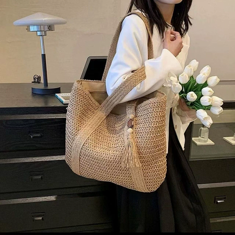 Bolso Grande de Paja Trenzada | Bolso de Hombro Versátil para Mujer
