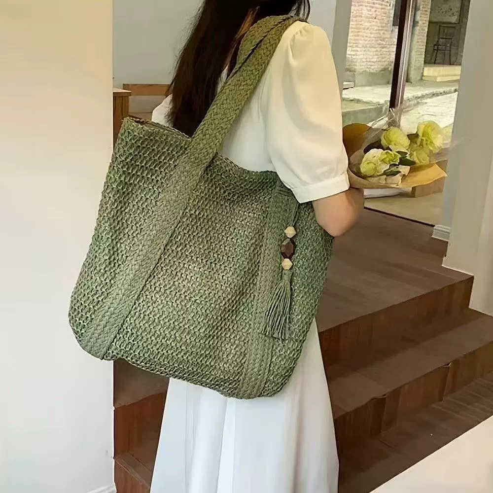 Bolso Grande de Paja Trenzada | Bolso de Hombro Versátil para Mujer