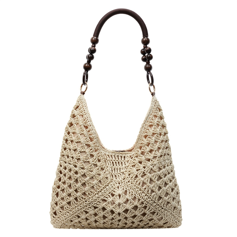 Bolso hobo Heritage de paja trenzada con asa de cuentas de madera