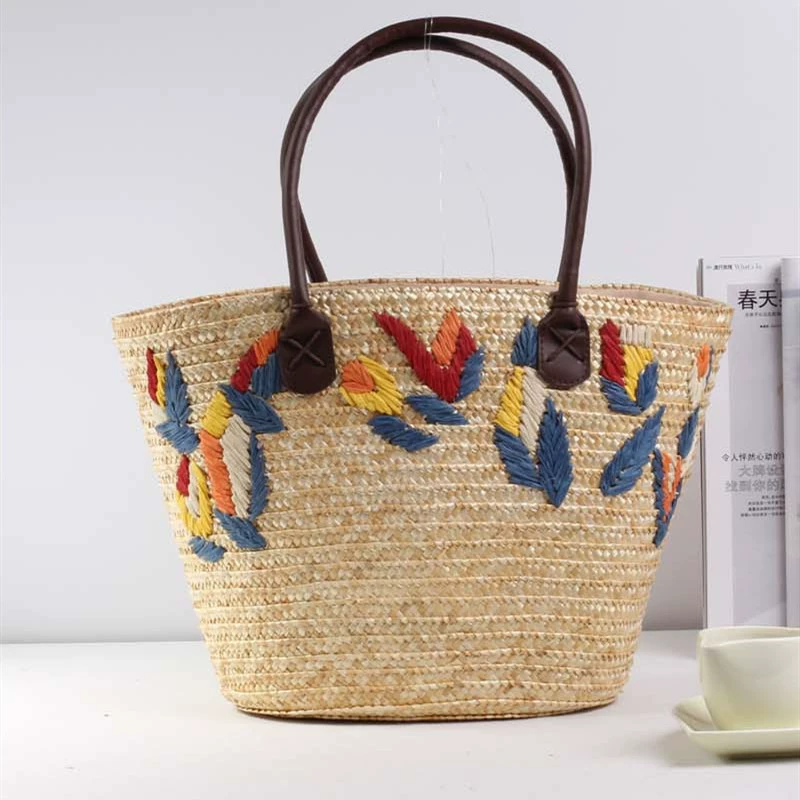 Bolso Tote de Paja de Trigo Bordado Artisanstraw | Bolso de Hombro Boho Estructurado