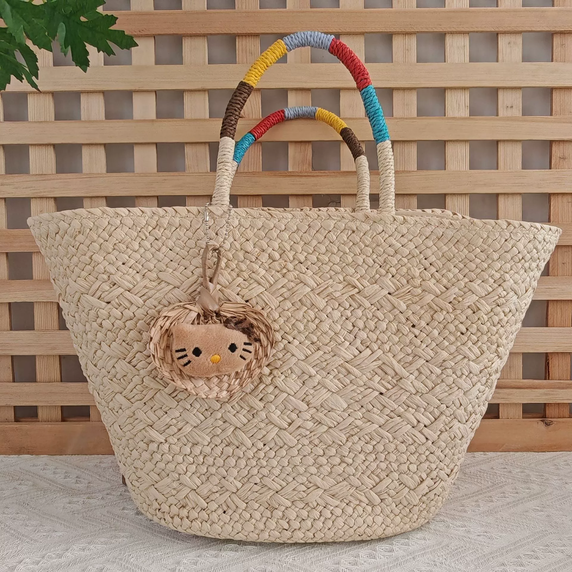 Bolso de playa trenzado de verano | Bolso de paja con correa color block