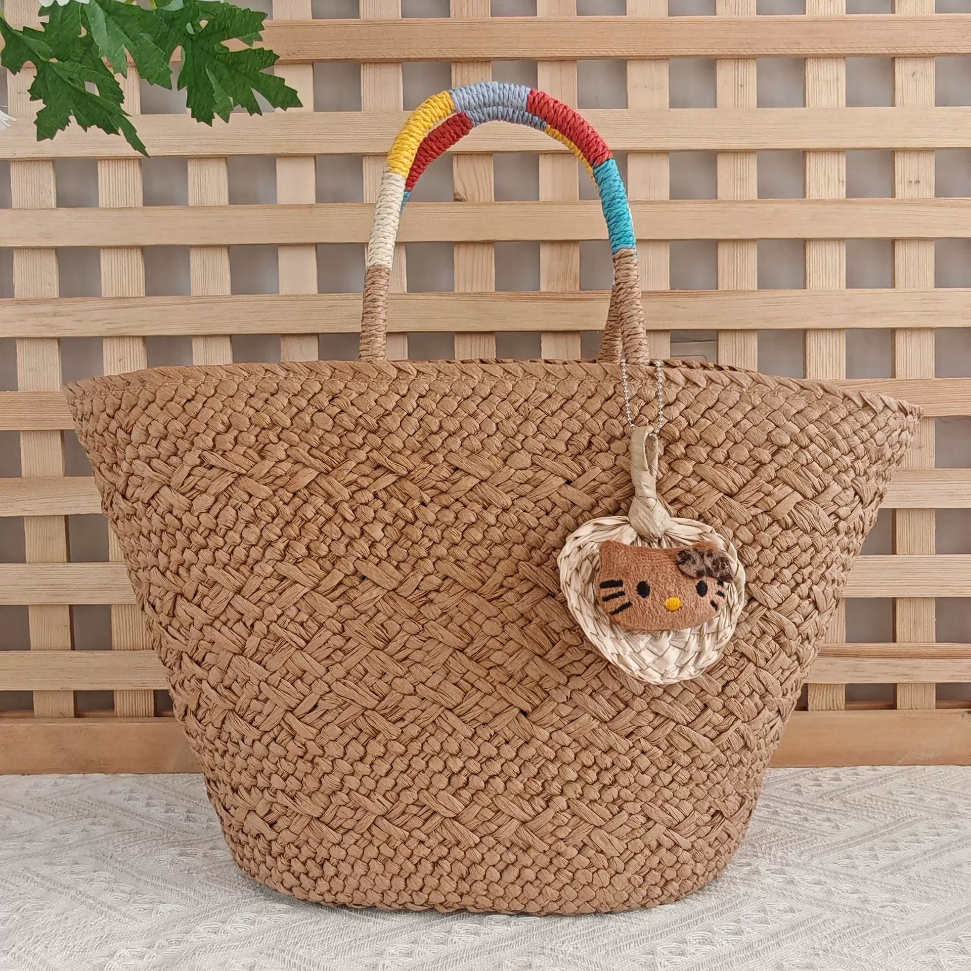 Bolso de playa trenzado de verano | Bolso de paja con correa color block