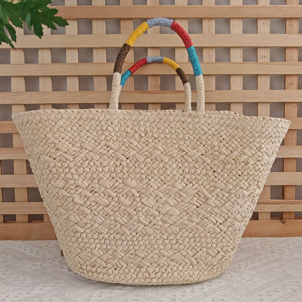 Bolso de playa trenzado de verano | Bolso de paja con correa color block