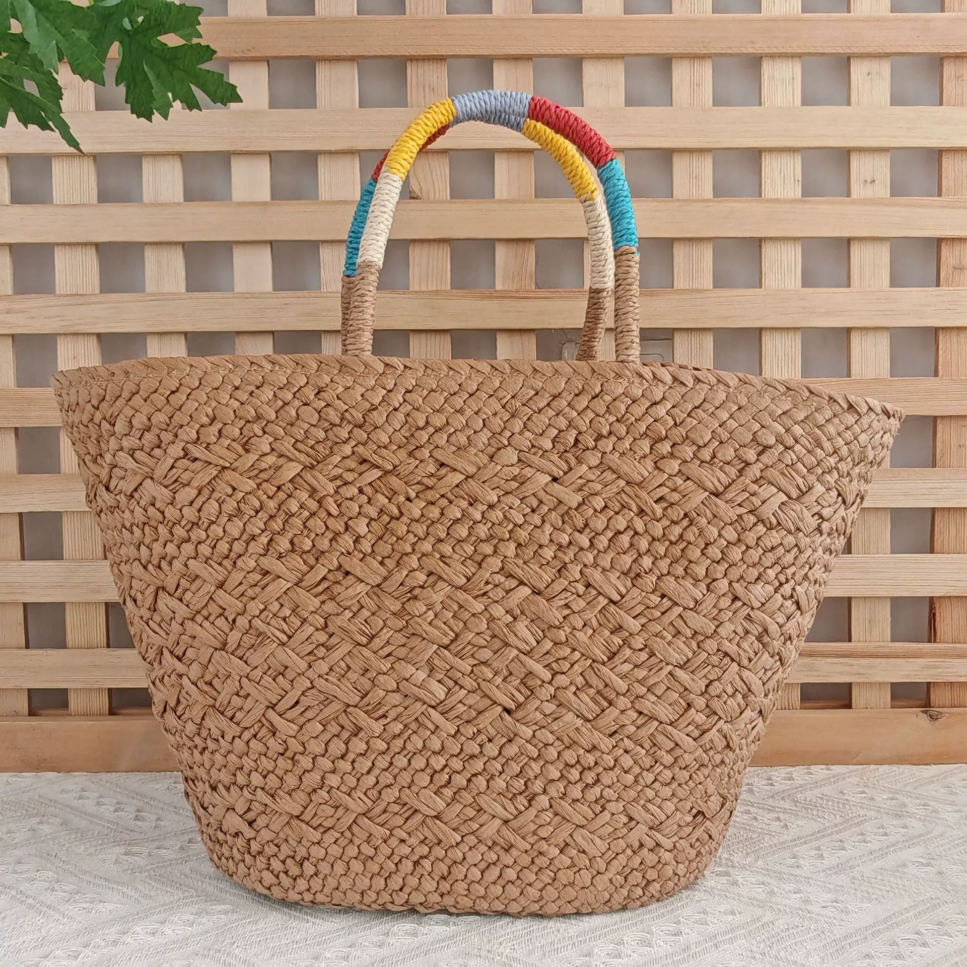 Bolso de playa trenzado de verano | Bolso de paja con correa color block