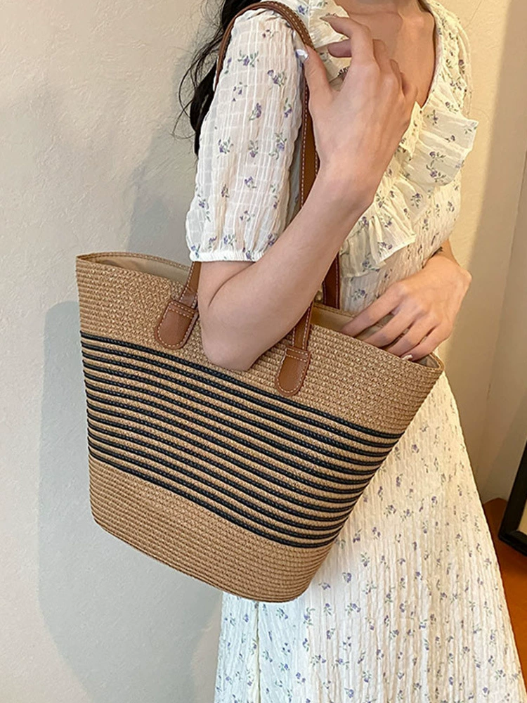 Bolso de playa de verano para mujer | Bolso de hombro de paja artesanal con bloques de color