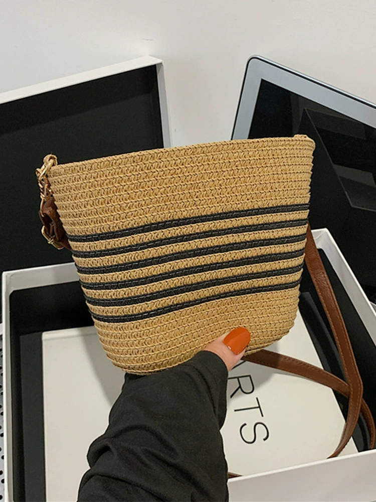 Bolso de playa de verano para mujer | Bolso de hombro de paja artesanal con bloques de color