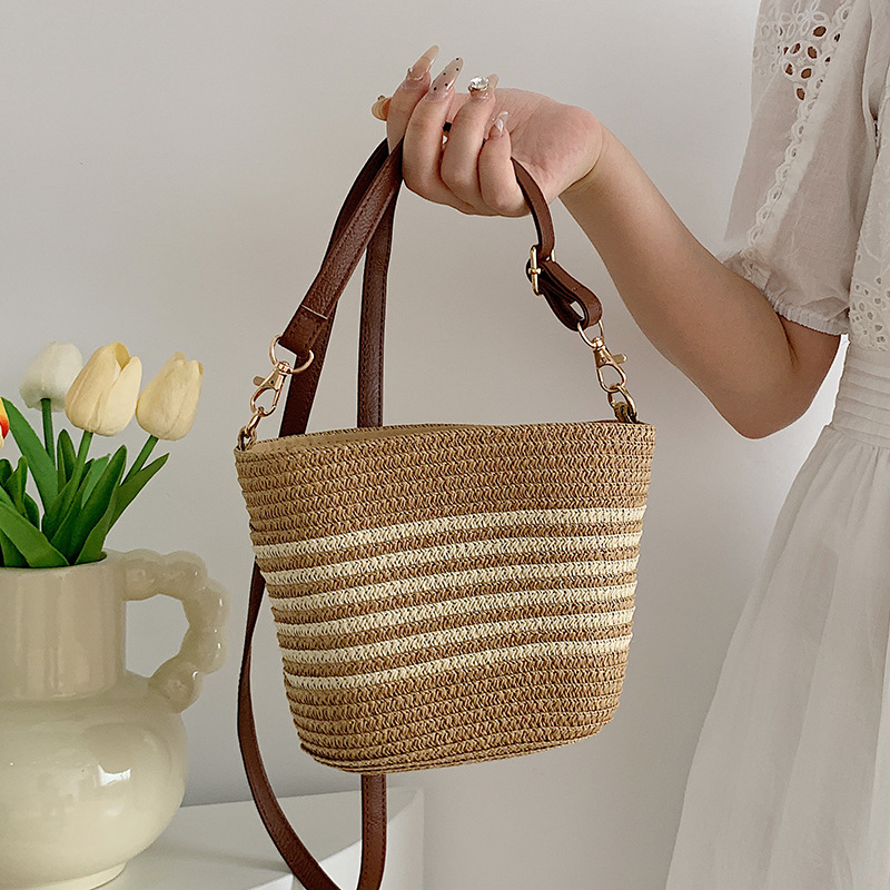 Bolso de playa de verano para mujer | Bolso de hombro de paja artesanal con bloques de color