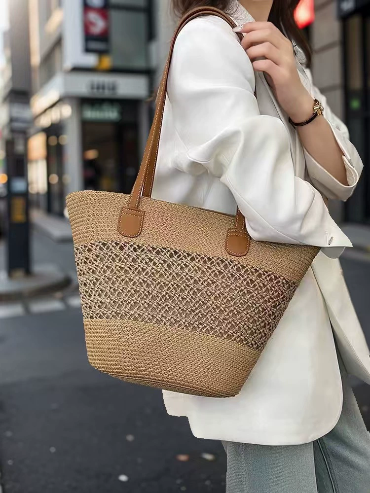 Bolso de playa de verano para mujer | Bolso de hombro de paja artesanal con bloques de color