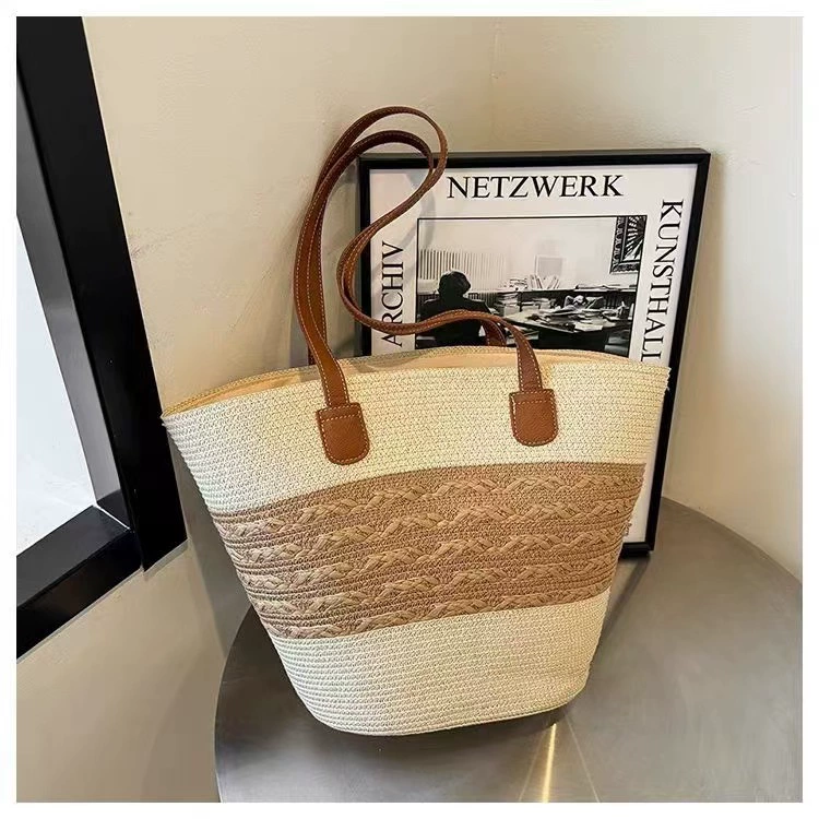 Bolso de playa de verano para mujer | Bolso de hombro de paja artesanal con bloques de color