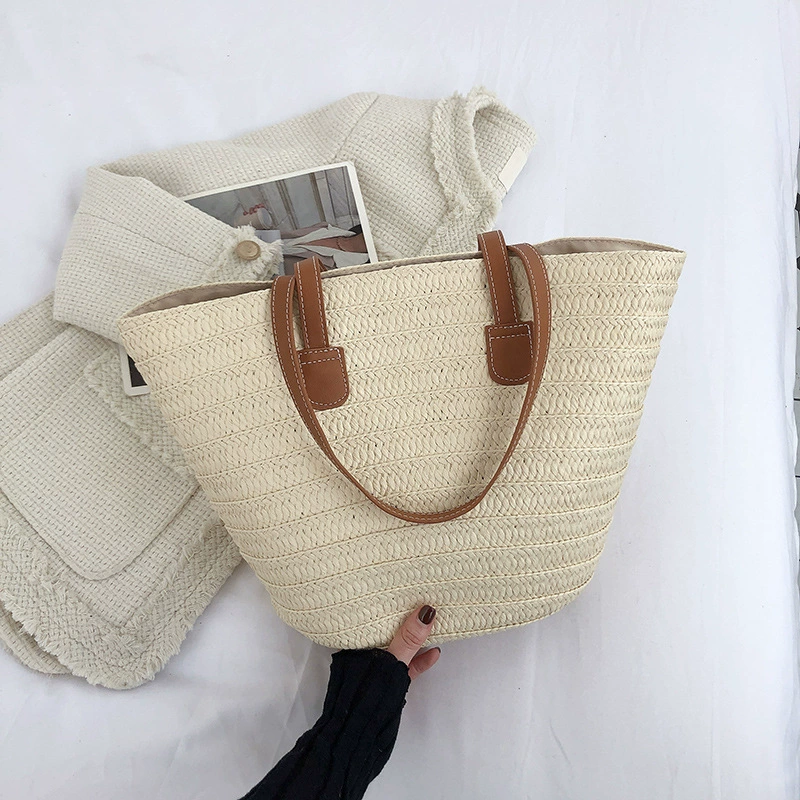 Bolso de playa de verano para mujer | Bolso de hombro de paja artesanal con bloques de color