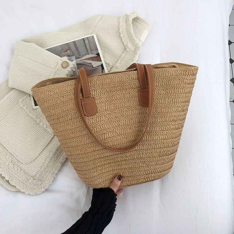 Bolso de playa de verano para mujer | Bolso de hombro de paja artesanal con bloques de color