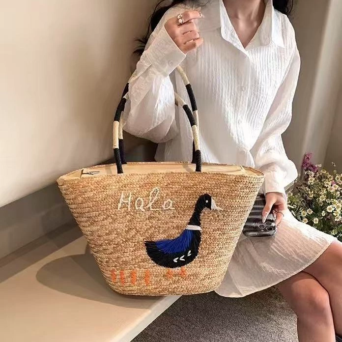 Bolso Tote de Paja Bordado de Pato Artisanstraw | Bolso de Mano Grande de Paja para Playa de Verano con Cremallera
