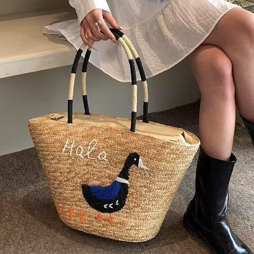 Bolso Tote de Paja Bordado de Pato Artisanstraw | Bolso de Mano Grande de Paja para Playa de Verano con Cremallera