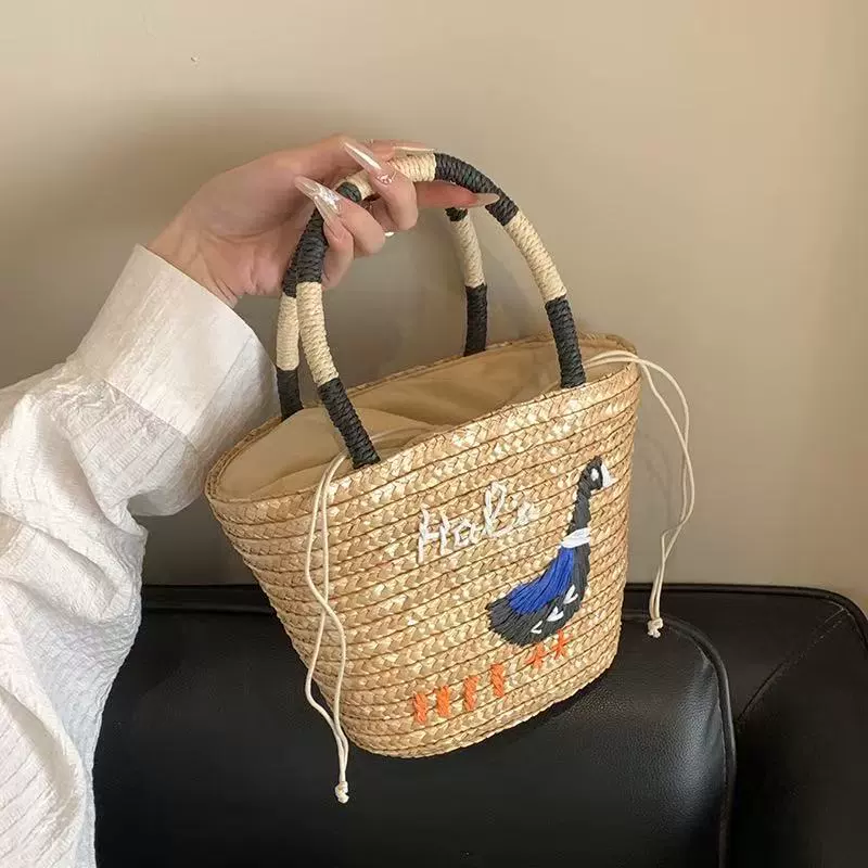 Bolso Tote de Paja Bordado de Pato Artisanstraw | Bolso de Mano Grande de Paja para Playa de Verano con Cremallera