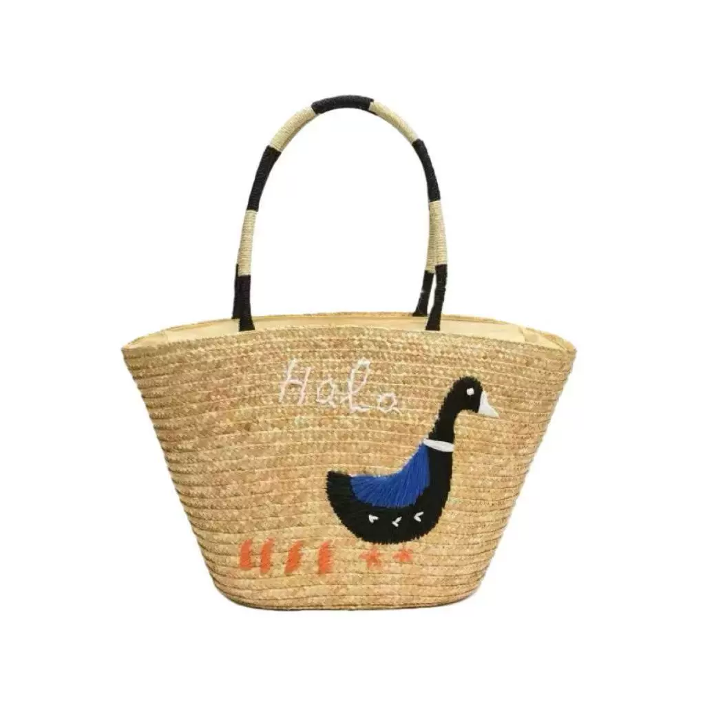 Bolso Tote de Paja Bordado de Pato Artisanstraw | Bolso de Mano Grande de Paja para Playa de Verano con Cremallera