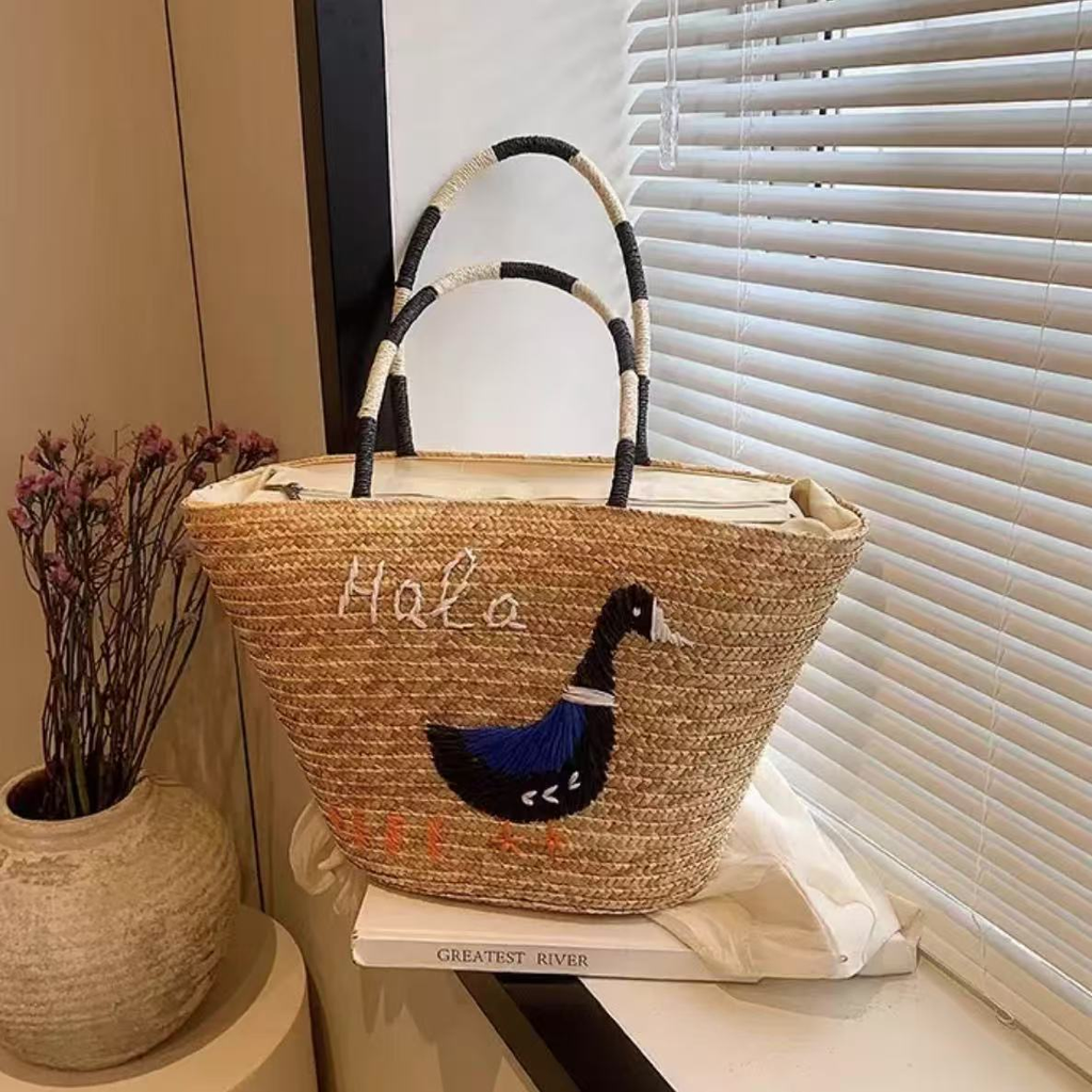 Bolso Tote de Paja Bordado de Pato Artisanstraw | Bolso de Mano Grande de Paja para Playa de Verano con Cremallera
