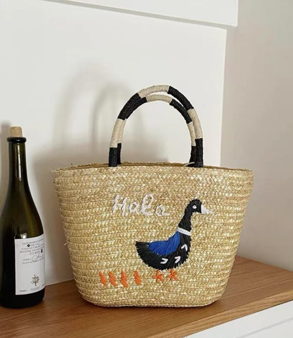 Bolso Tote de Paja Bordado de Pato Artisanstraw | Bolso de Mano Grande de Paja para Playa de Verano con Cremallera
