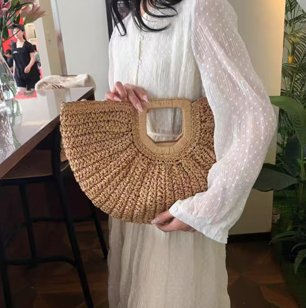 Bolso Grande Bohemio Tejido con Asa Calada | Bolso de Playa de Paja para Verano
