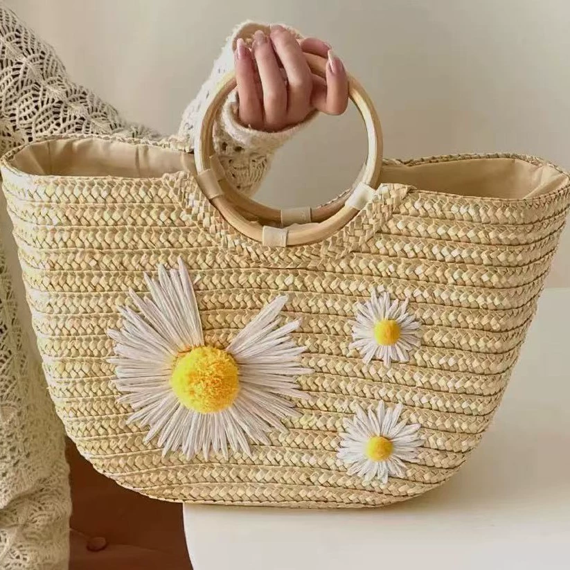 Bolso tote bohemio con margaritas de paja tejida | Bolso de playa de verano con asas de madera
