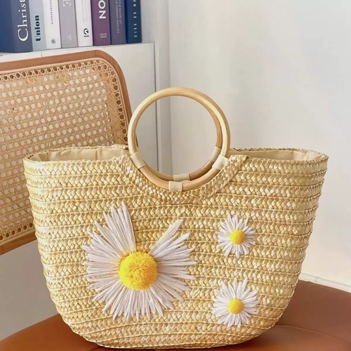 Bolso tote bohemio con margaritas de paja tejida | Bolso de playa de verano con asas de madera
