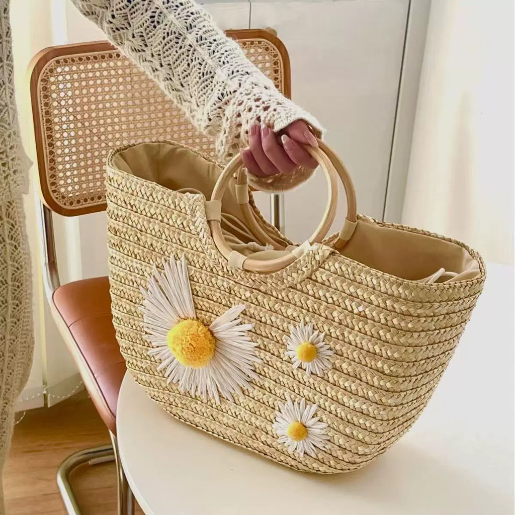 Bolso tote bohemio con margaritas de paja tejida | Bolso de playa de verano con asas de madera