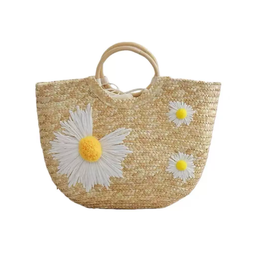 Bolso tote bohemio con margaritas de paja tejida | Bolso de playa de verano con asas de madera