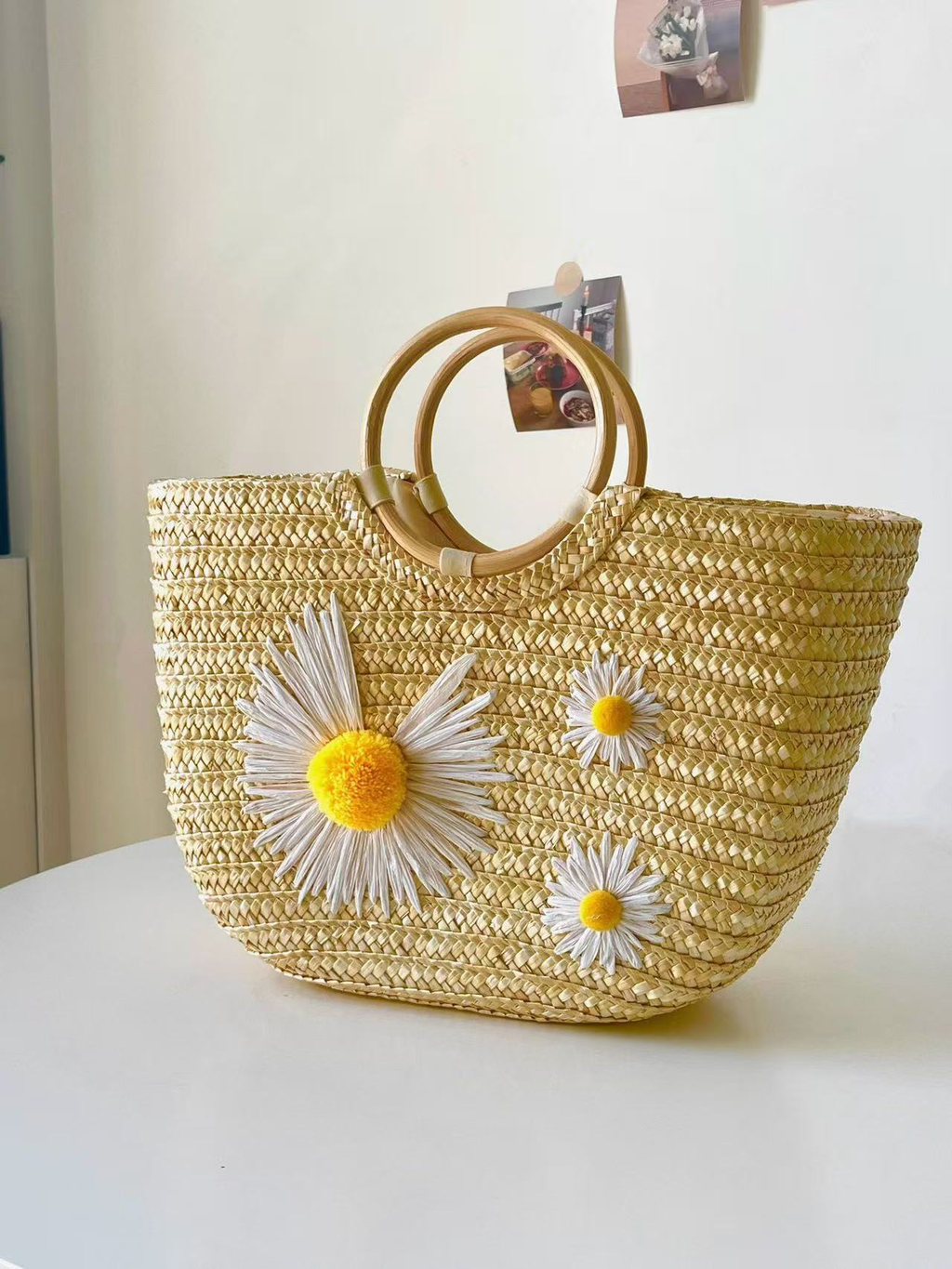 Bolso tote bohemio con margaritas de paja tejida | Bolso de playa de verano con asas de madera