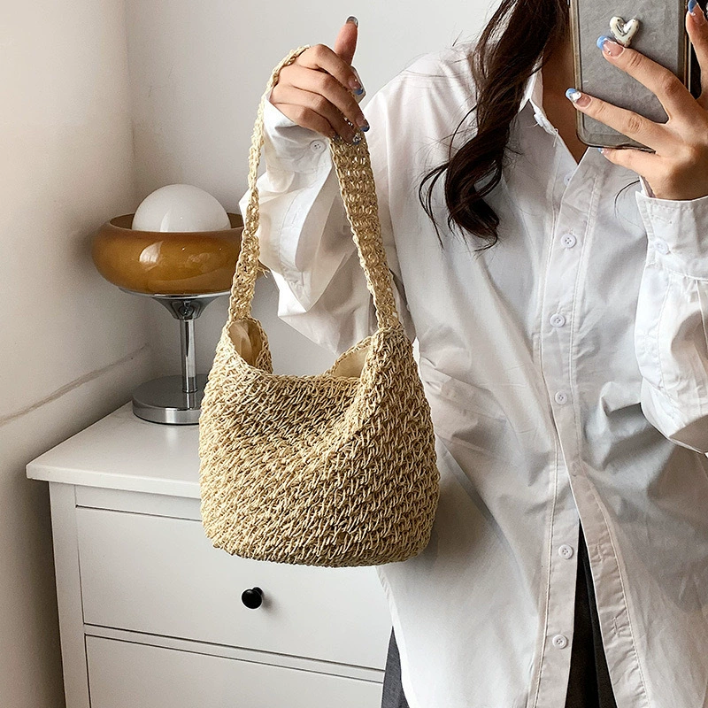 Bolso Hobo Tejido Minimalista | Bolso de Hombro de Paja Bohemio para Verano