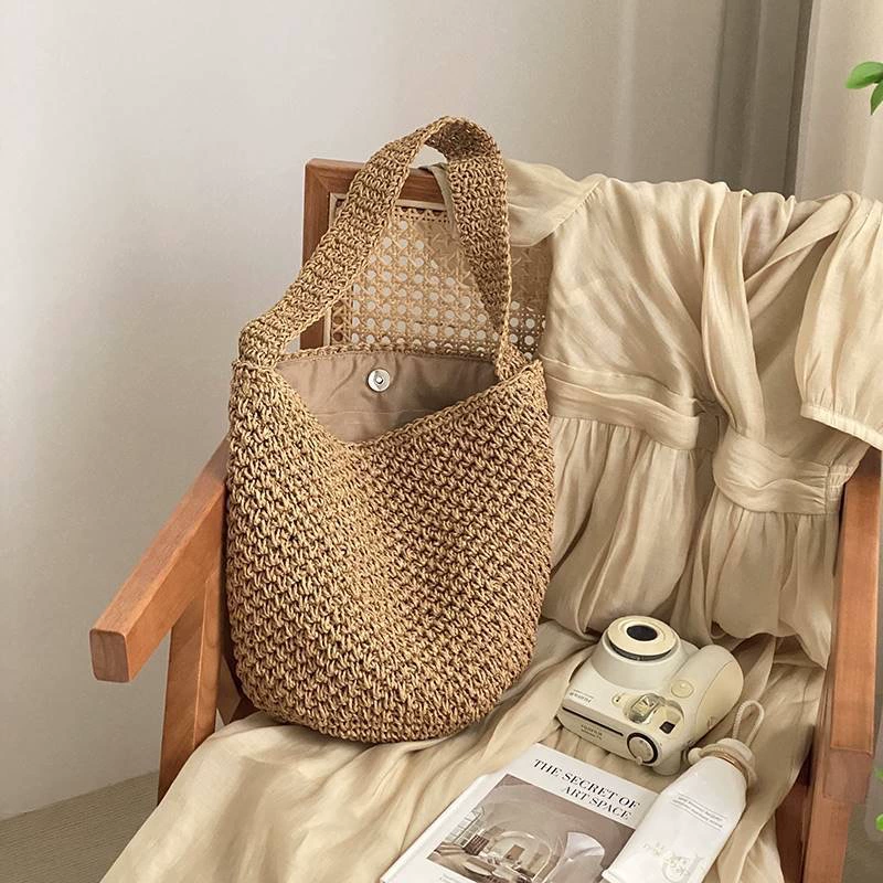 Bolso Hobo Tejido Minimalista | Bolso de Hombro de Paja Bohemio para Verano
