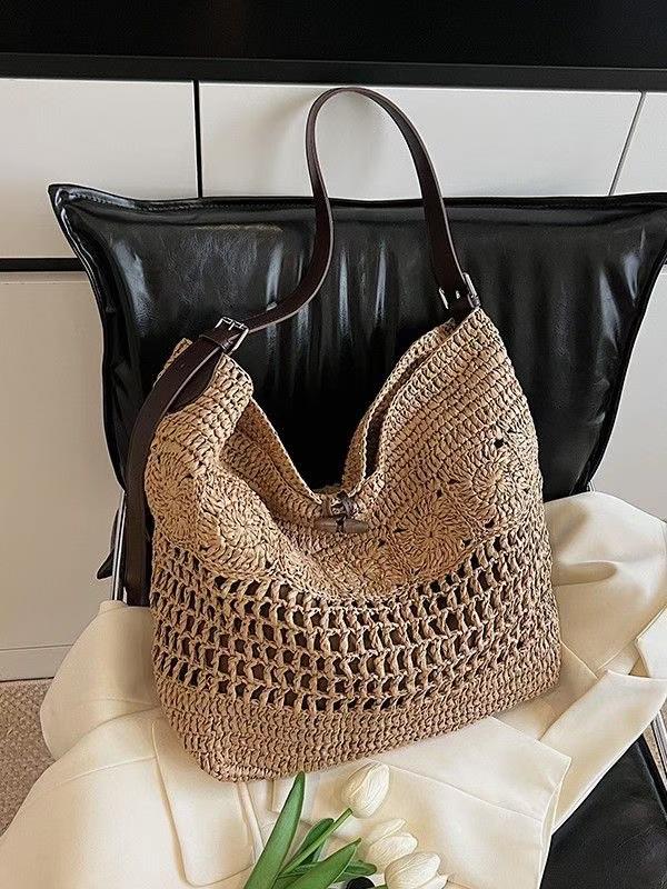 Bolso Hobo Grande de Rafia Trenzada | Bolso de Hombro de Ganchillo Boho para Verano