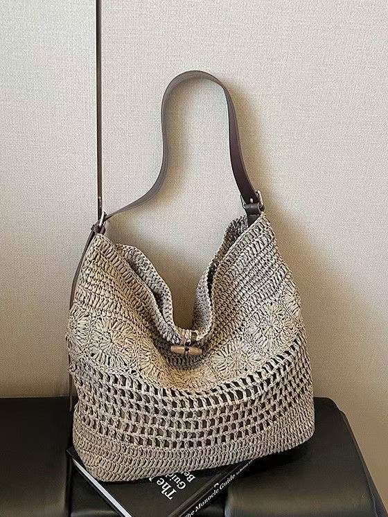 Bolso Hobo Grande de Rafia Trenzada | Bolso de Hombro de Ganchillo Boho para Verano