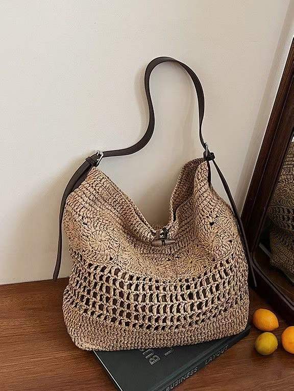 Bolso Hobo Grande de Rafia Trenzada | Bolso de Hombro de Ganchillo Boho para Verano
