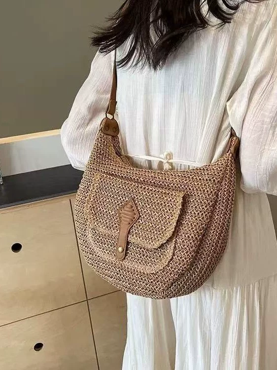 Bolso bandolera de media luna trenzado | Bolso hobo de paja de verano con bolsillo delantero