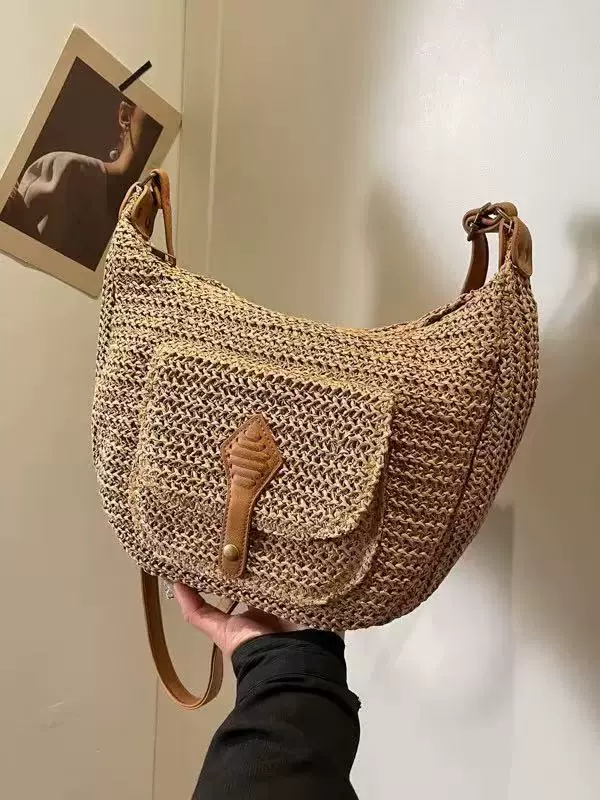 Bolso bandolera de media luna trenzado | Bolso hobo de paja de verano con bolsillo delantero