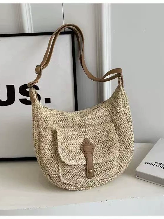 Bolso bandolera de media luna trenzado | Bolso hobo de paja de verano con bolsillo delantero
