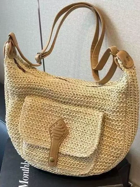 Bolso bandolera de media luna trenzado | Bolso hobo de paja de verano con bolsillo delantero