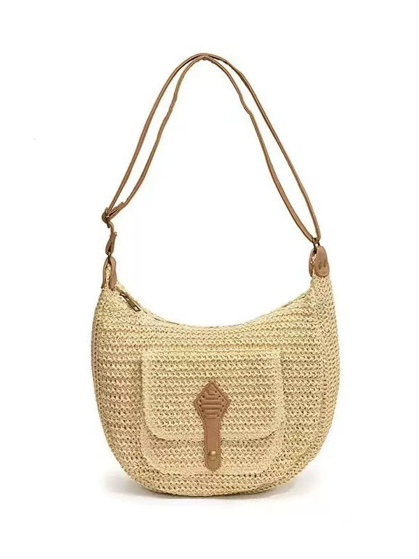 Bolso bandolera de media luna trenzado | Bolso hobo de paja de verano con bolsillo delantero