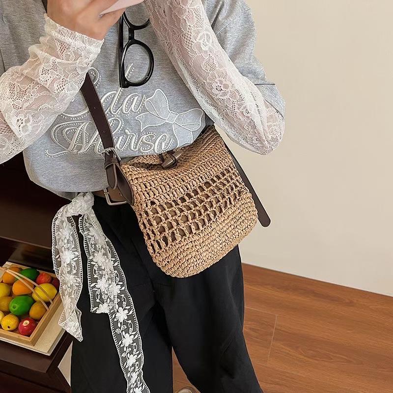 Bolso cruzado de paja tejida vintage | Bolso de hombro calado bohemio