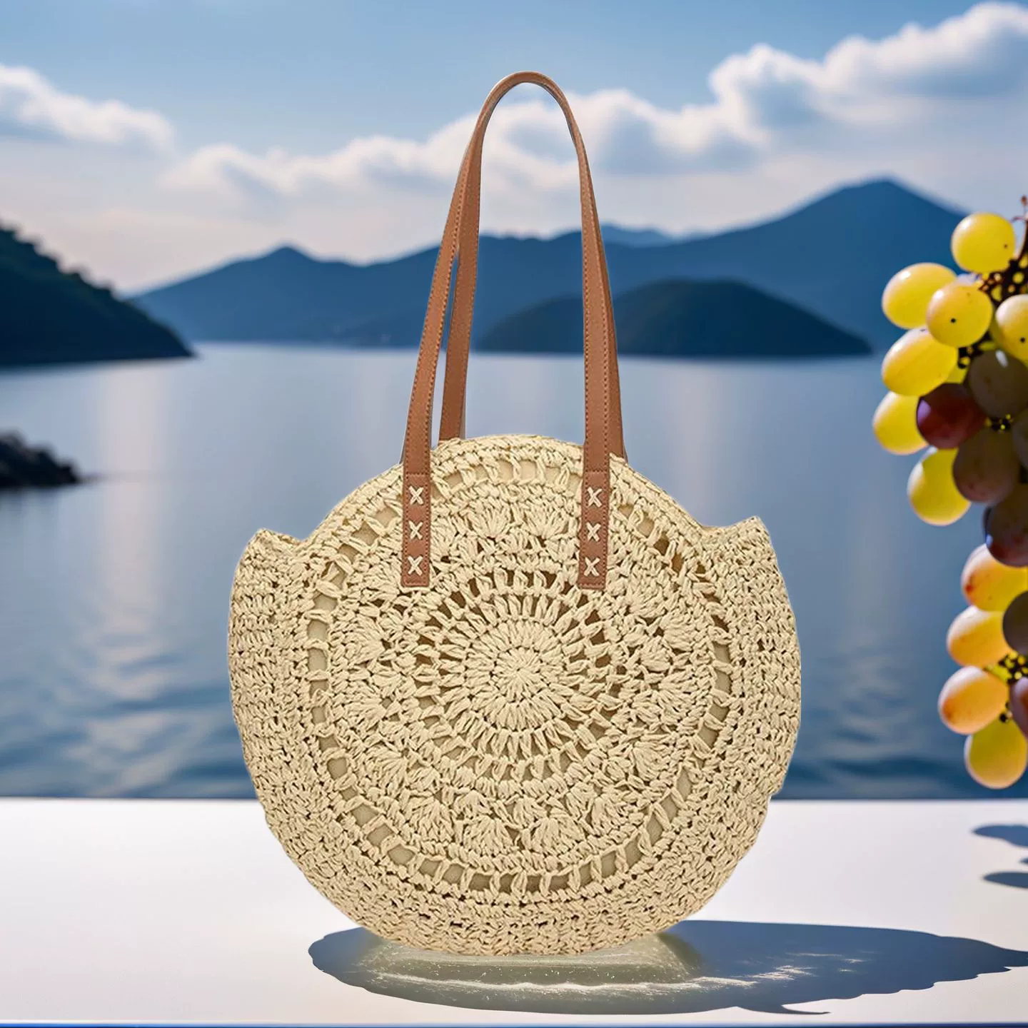 Bolso Grande Redondo de Paja Trenzada | Bolso de Hombro Boho de Verano para Playa