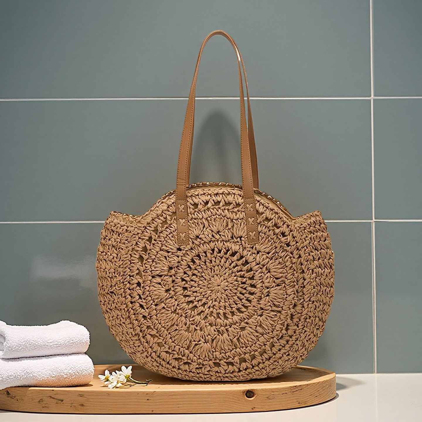 Bolso Grande Redondo de Paja Trenzada | Bolso de Hombro Boho de Verano para Playa
