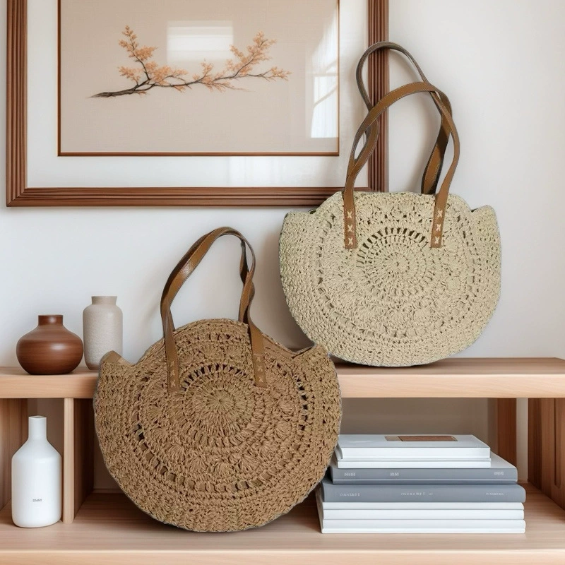 Bolso Grande Redondo de Paja Trenzada | Bolso de Hombro Boho de Verano para Playa