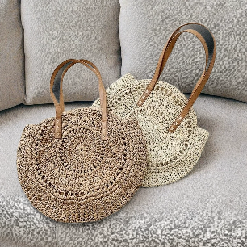 Bolso Grande Redondo de Paja Trenzada | Bolso de Hombro Boho de Verano para Playa