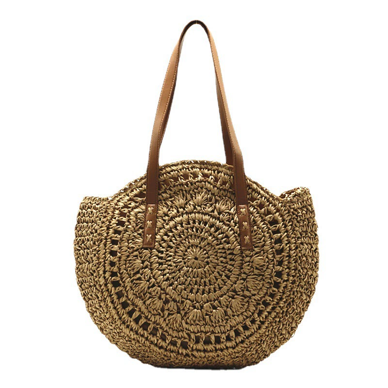 Bolso Grande Redondo de Paja Trenzada | Bolso de Hombro Boho de Verano para Playa