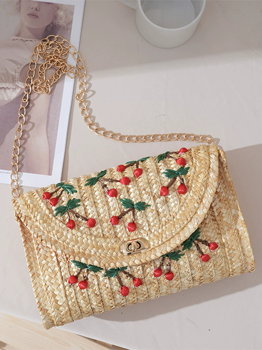 Bolso Bandolera de Paja Tejida para Mujer con Aplicaciones de Cerezas - Bolso de Verano para Vacaciones
