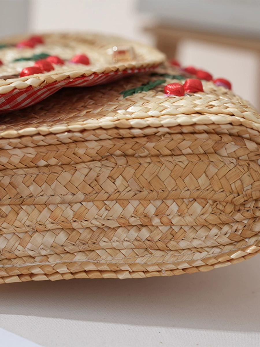 Bolso Bandolera de Paja Tejida para Mujer con Aplicaciones de Cerezas - Bolso de Verano para Vacaciones