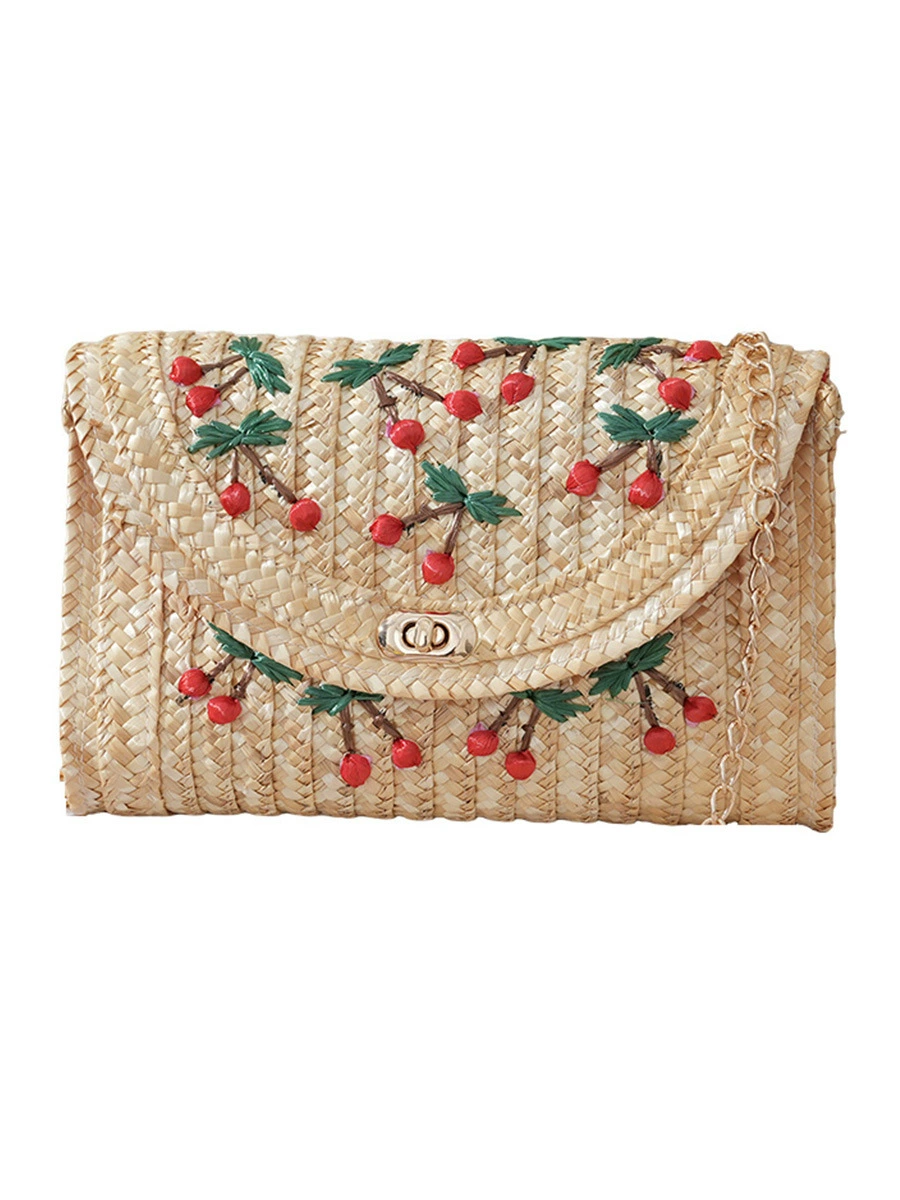 Bolso Bandolera de Paja Tejida para Mujer con Aplicaciones de Cerezas - Bolso de Verano para Vacaciones
