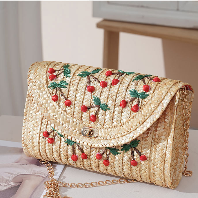 Bolso Bandolera de Paja Tejida para Mujer con Aplicaciones de Cerezas - Bolso de Verano para Vacaciones