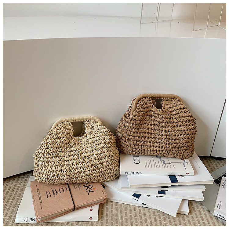 Bolso cruzado de paja tejido chic | Clutch de verano con cierre y cadena dorada para mujer