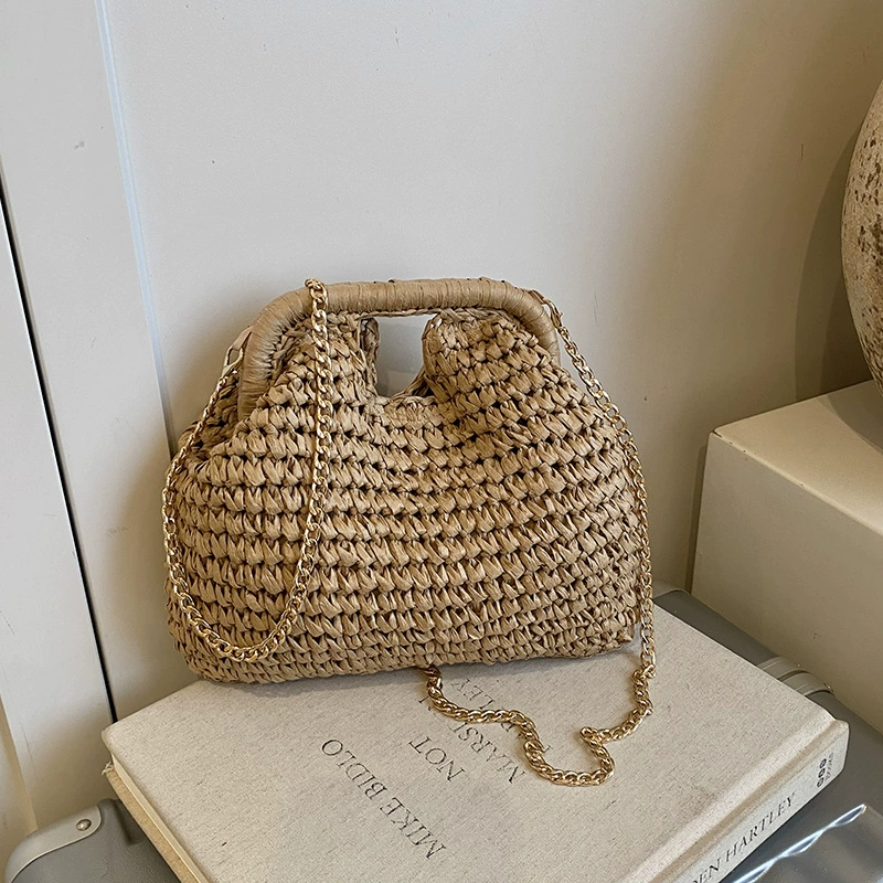 Bolso cruzado de paja tejido chic | Clutch de verano con cierre y cadena dorada para mujer