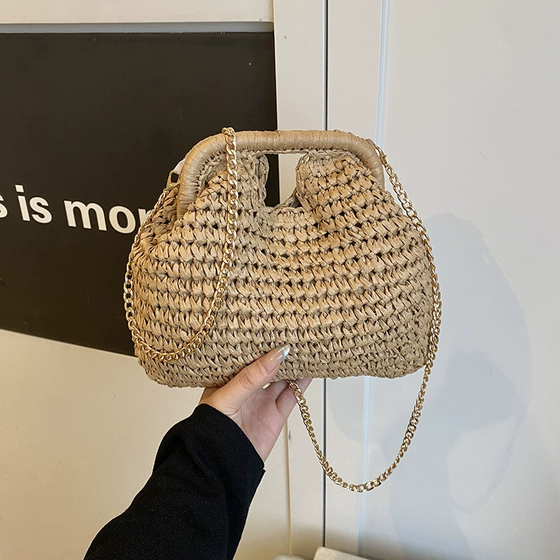 Bolso cruzado de paja tejido chic | Clutch de verano con cierre y cadena dorada para mujer